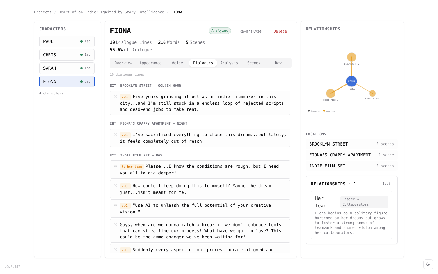 Character dialogues grouped by scene with V.O. and direction markers