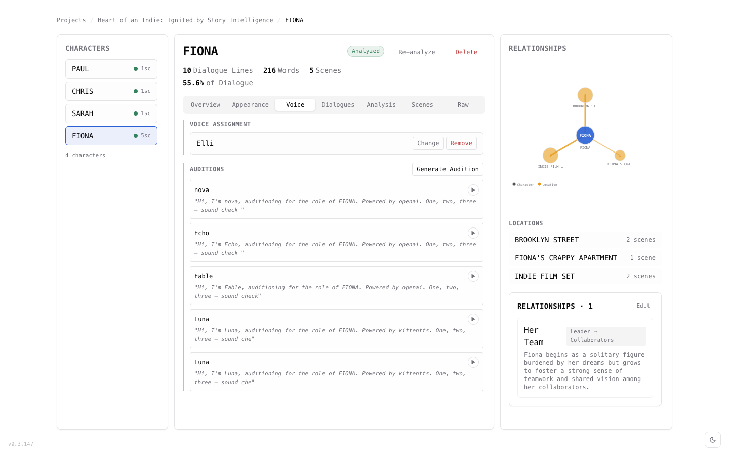Character voice assignment with audition samples from multiple providers