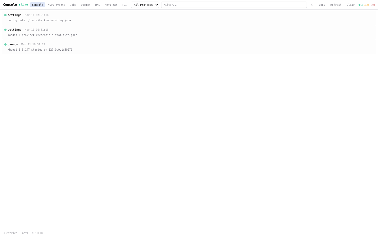 Console showing live log output with multi-source tabs