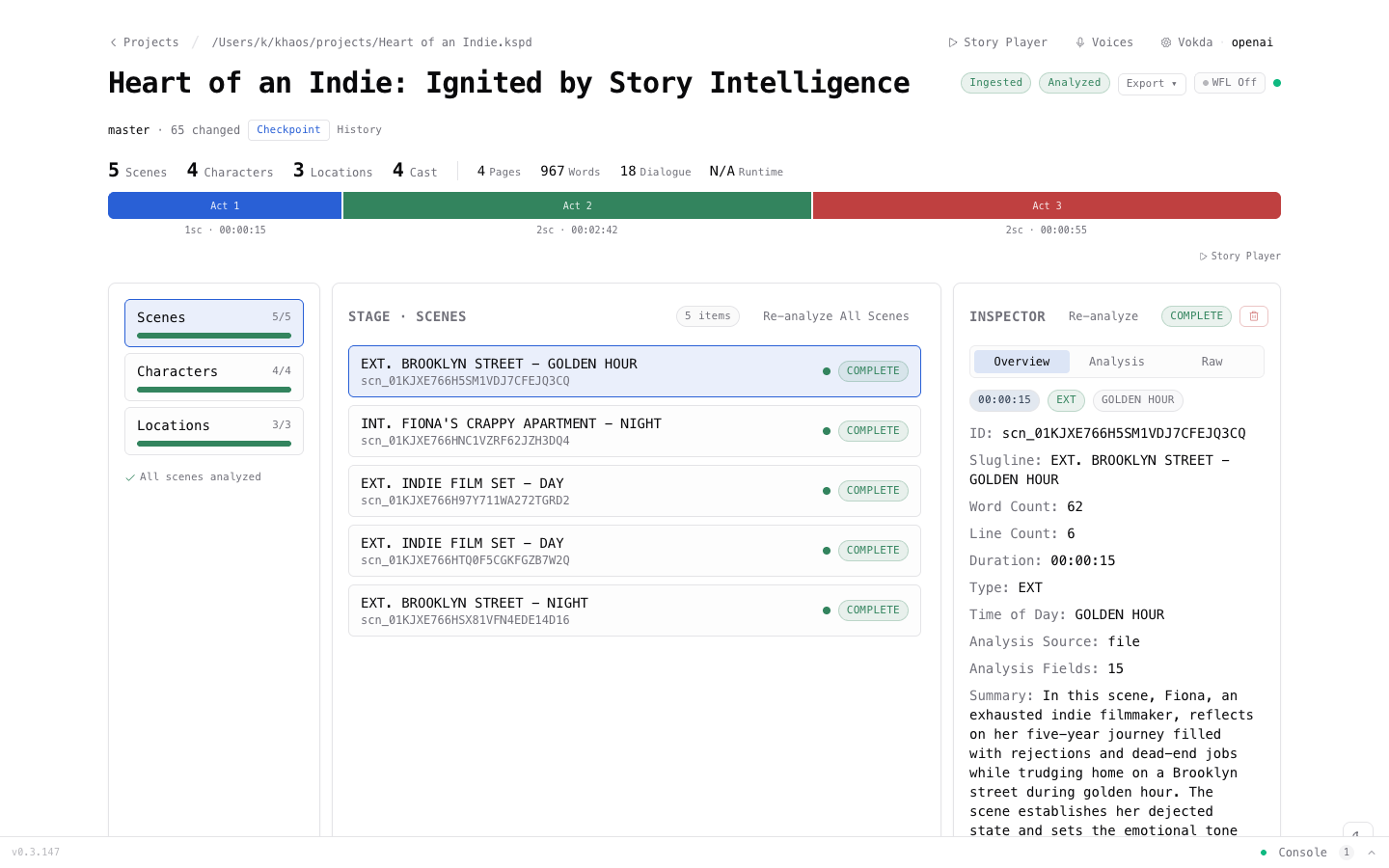 Dashboard showing scenes, analysis results, and inspector panel