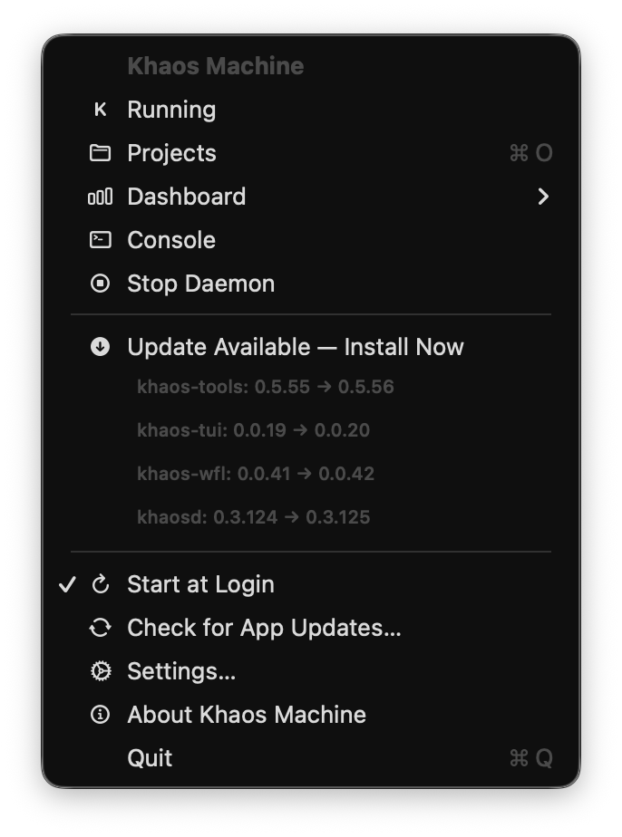 Khaos Machine menu bar app on macOS