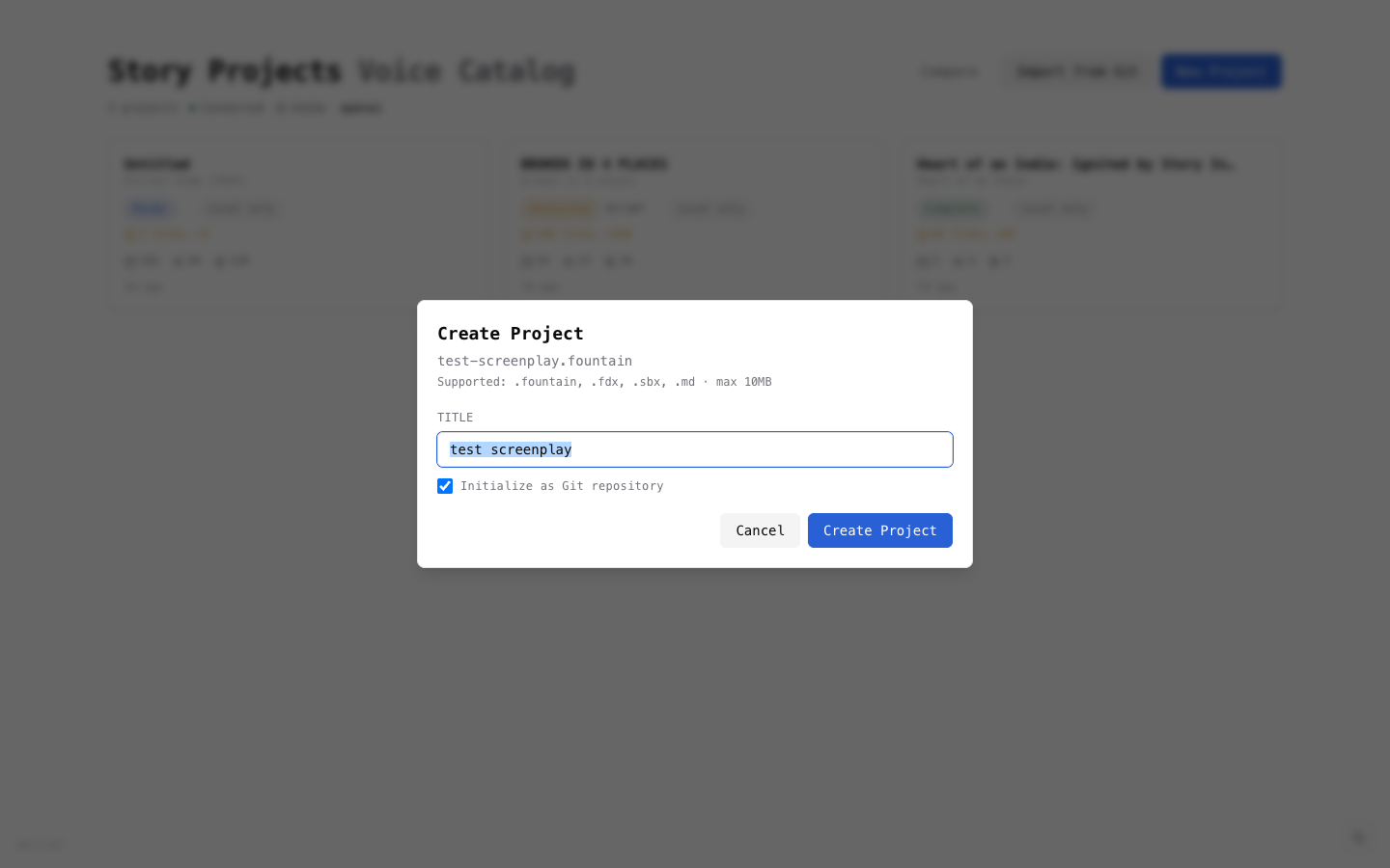 Create Project dialog with title field and supported formats