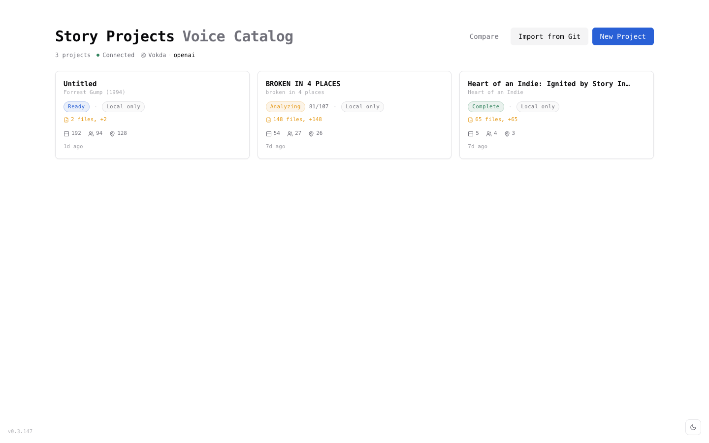 Projects page showing screenplay projects with status and analysis counts