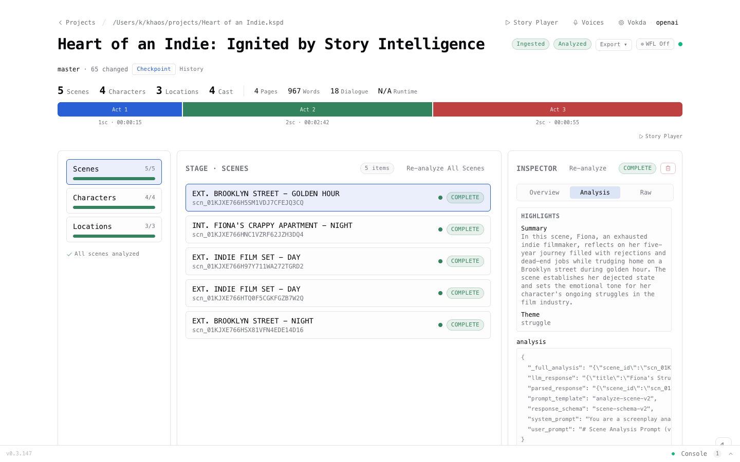 Dashboard showing scene analysis with AI-generated summary in the inspector
