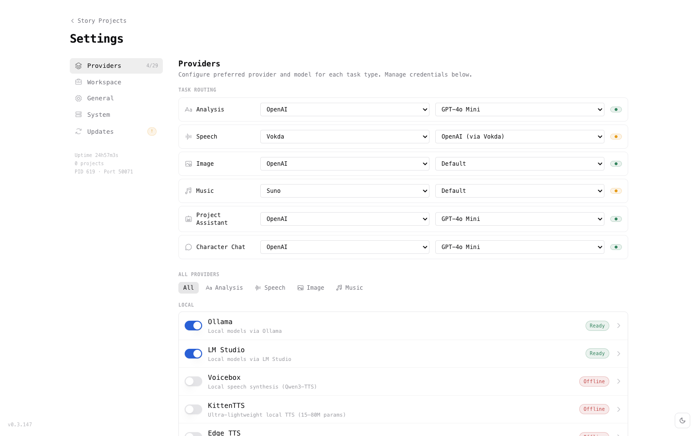 Settings page showing provider configuration and task routing