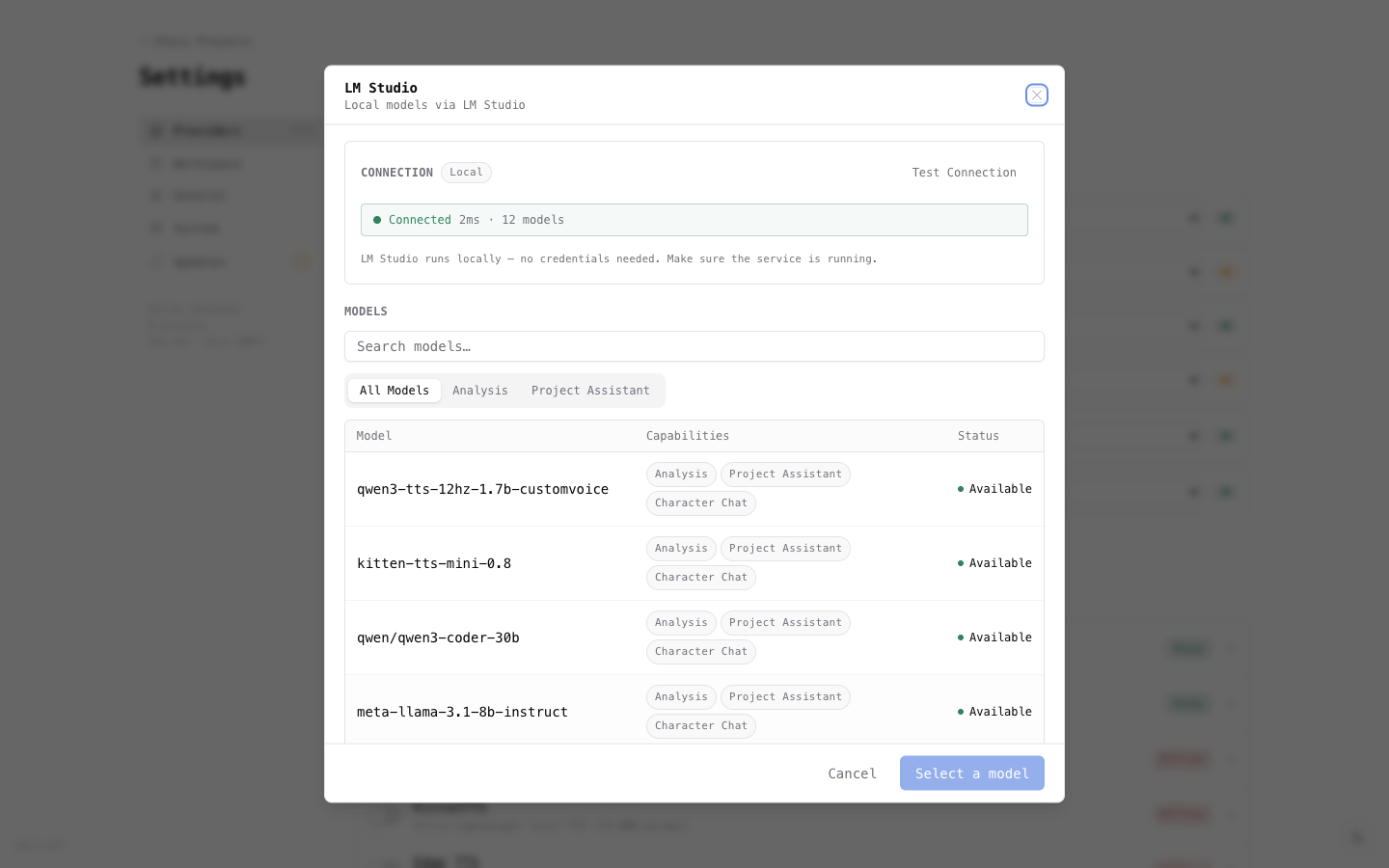LM Studio provider showing connected status and available models
