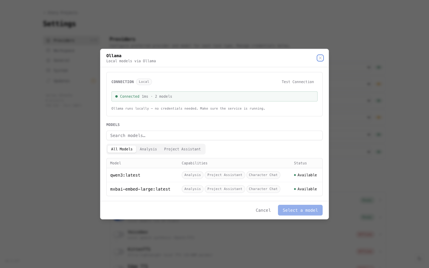 Ollama provider showing connected status and available models