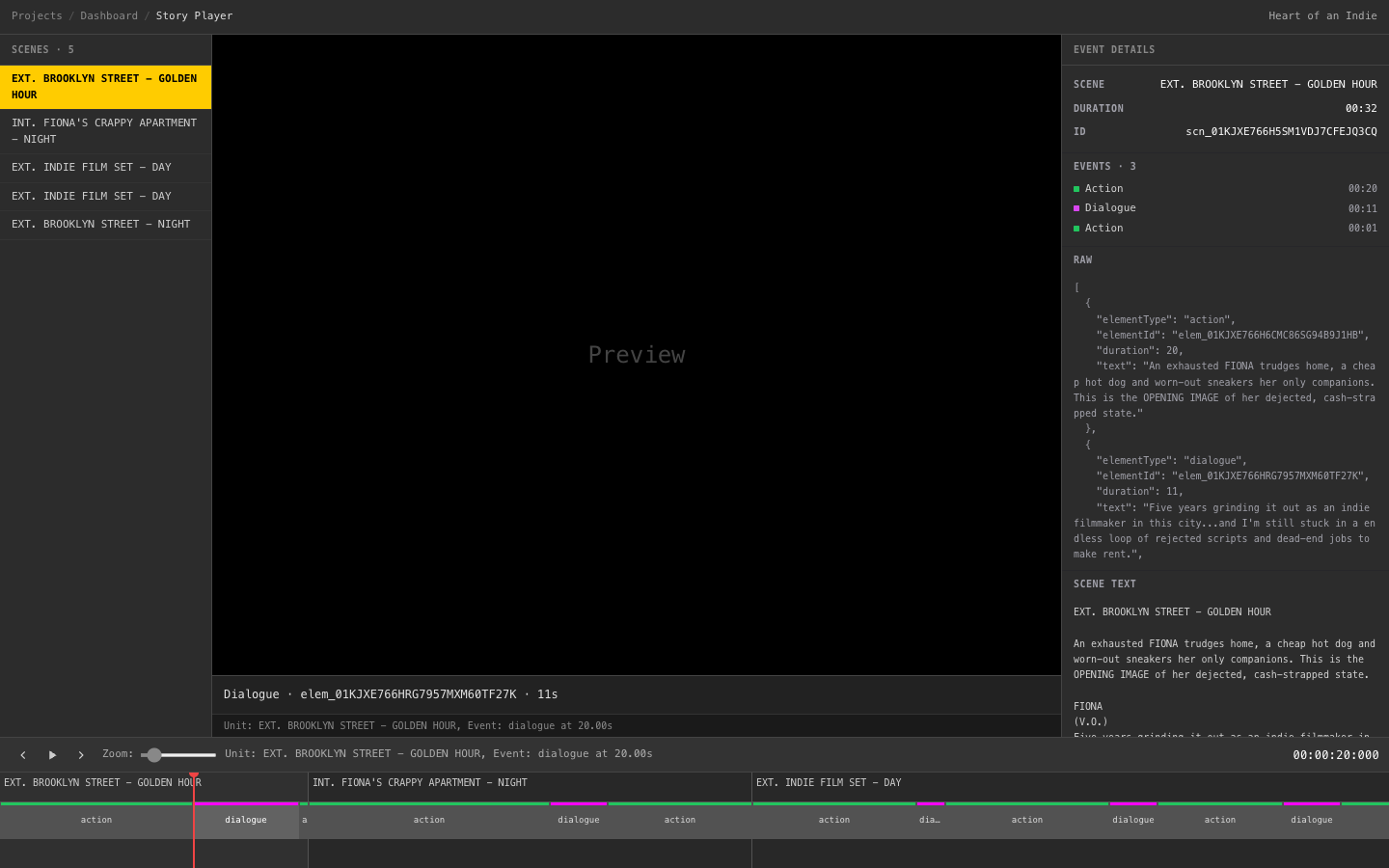 Story Player with timeline showing action and dialogue segments