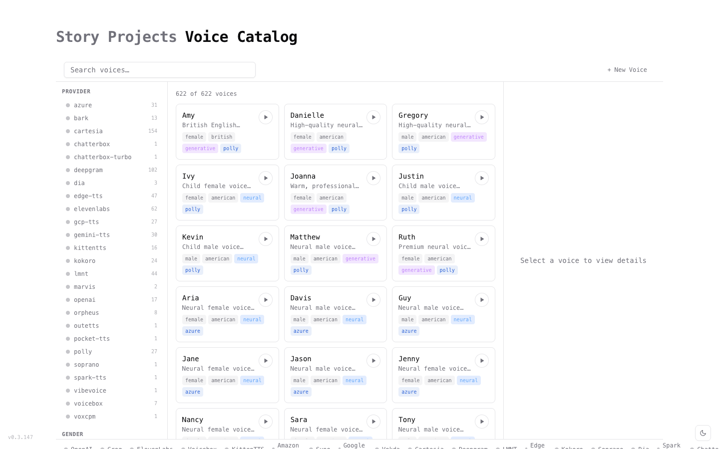 Voice Catalog with 622 voices, provider filters, and search