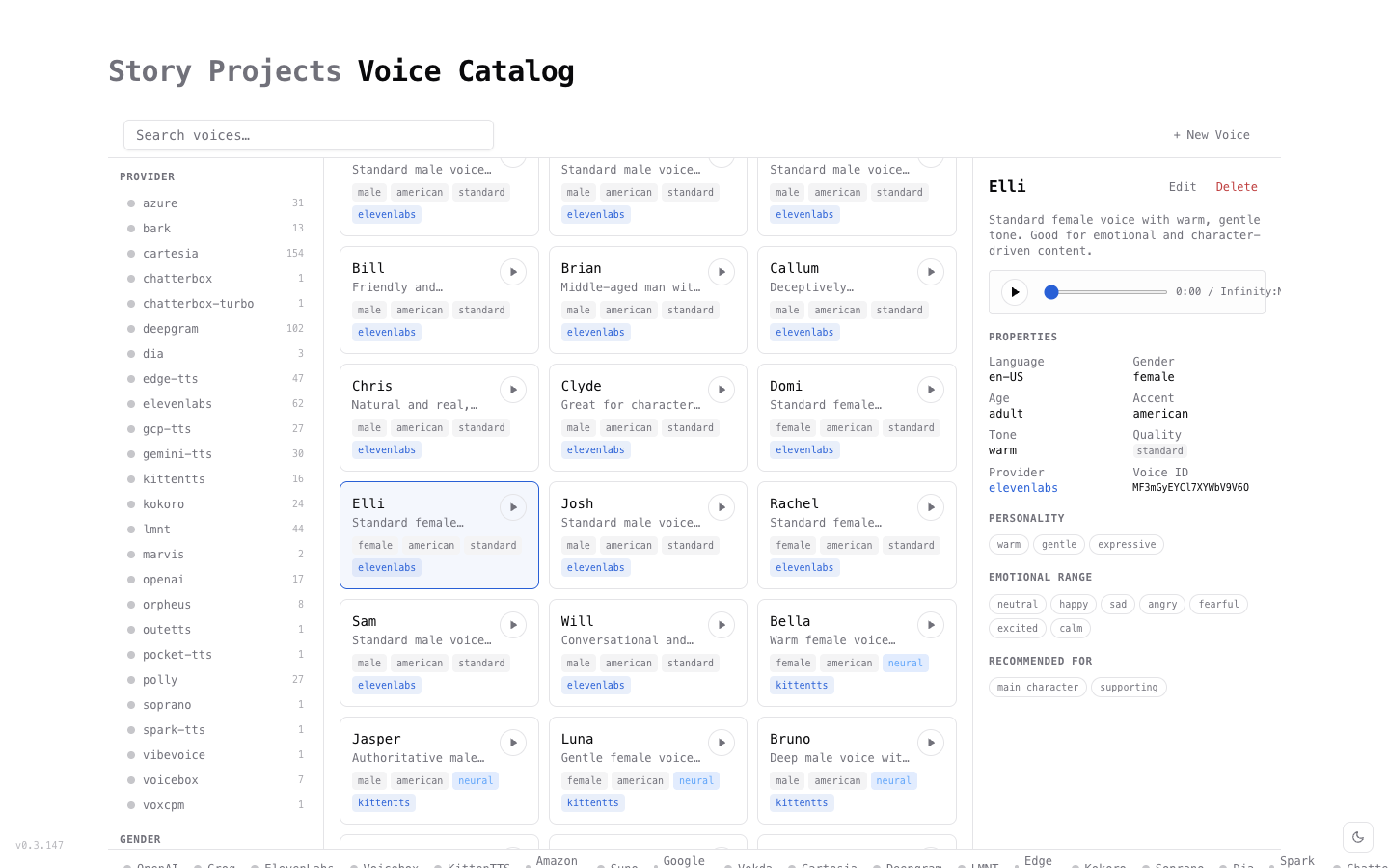 Voice detail showing properties, personality traits, and emotional range